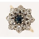 A diamond and sapphire cluster ring, cluster measuring approx. 15.54mm x 15.06mm, hallmarked 18ct