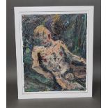 Adrian Johnson (b1960), "Male Nude Outdoors", impasto oil on canvas, 40.5cm x 50.5cm, signed, titled