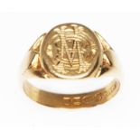 A George V 18ct gold signet ring, monogrammed 'MB', sponsor's initials 'F.F&Co', Birmingham 1912,