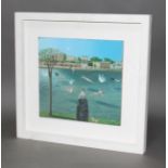 David Eustace (b1950), "Bathers", oil & acrylic on board, 27cm x 25cm, signed verso, white box frame