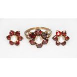 A hallmarked 9ct gold garnet and culture pearl cluster ring with matching earrings, gross wt. 4.