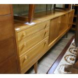 A mid 20th century sycamore sideboard, possibly Alfred Cox for Heals, unmarked, length 220cm.