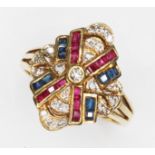 A diamond, sapphire and ruby cluster ring, the Art Deco style cluster measuring approx. 16.94mm x