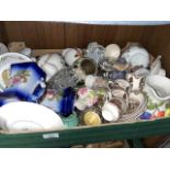 A box of mixed ceramics, glass etc including Wedgwood Peter Rabbit china