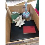 A box of misc including 2 vases, glassware, a canteen of cutlery, etc.