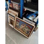 A large selection of pictures and prints to include advertising, oils on board, crystoleum, etc.