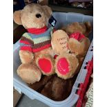 A box containing 6 Harrods teddy bears and others.