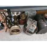 A hand cranked sewing machine, a copper coal bucket, 2 brass jam pans, large brass plant stand