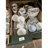 A box of pottery and china including a Queen Anne tea set, a glass honey pot, etc.