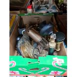 A box of metalware including carriage clock, cutlery, vintage telephone, brass miner's lamp etc.