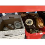 2 boxes of assorted items including Noritake teaware and Kaiser teaware, Russian cuckoo clock (no