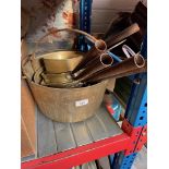 Two brass jam pans and six brass and copper pans.