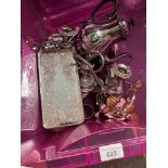 A selection of silverplated items to include tray, candlestick, coffee / tea pot, napkin rings,