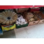 4 boxes of pottery, gklassware, pictures, ceiling lights, painted jewellery boxes