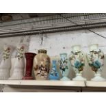 3 ceramic pedestal stands and 5 painted glass vases