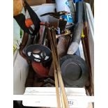 A box of tools including G clamps, brace and bit drill etc