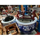 Two large blue and white Spanish import planters on oriental style wooden bases, 2 flexi desk