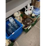 Three boxes of glassware and ceramics including 5 decanters, large Capodimonte teapot, and similar