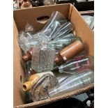 A box of vintage glass bottles, stoneware, earthenware, etc.