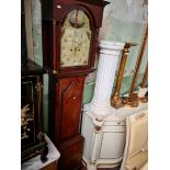 A Georgian mahogany longcase clock by Rd Young Newcastle with painted enamel dial, weights, pendulum
