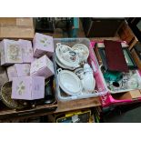 3 boxes including metalware, brass, pewter, Leonardo collection Faerie figures etc, Wedgwood table