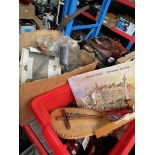 Two boxes of various toys to include die-cast, various models, few religious items, jewellery,