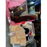 Two boxes of various items including treen, a Feng Shui water feature, toys, Oriental tea set,