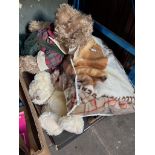 A collection of various Russ teddy bears and one Harrods bear, together with a teddy bear blanket.