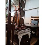 A 19th century mahogany writing slope (as found), an oak folding cake stand, a tilt top table, a