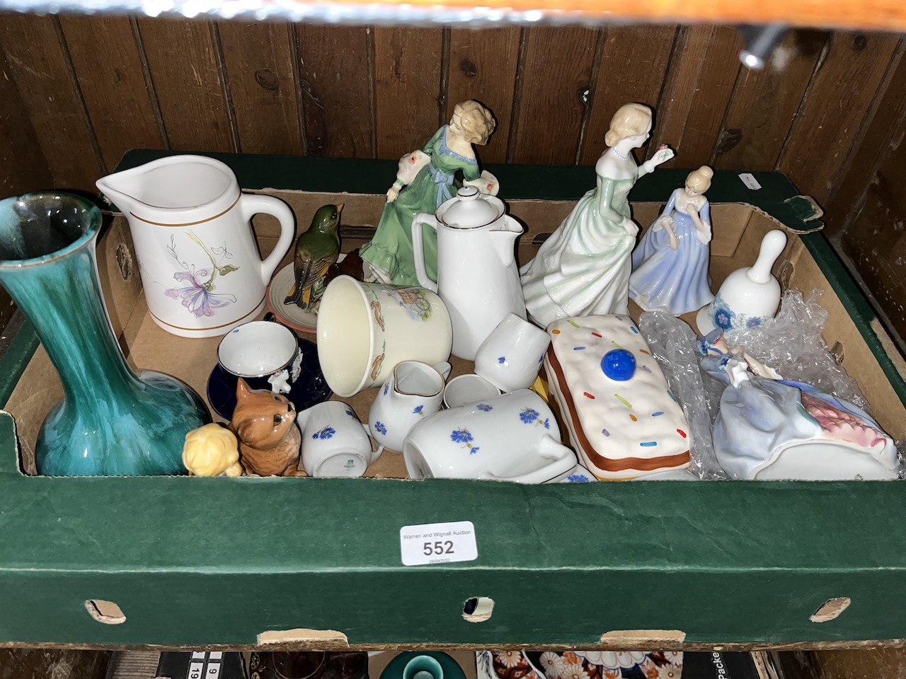 A box of mixed ceramics to include Royal Doulton figurines Grace HN3699, Spring Serenade HN3956, and