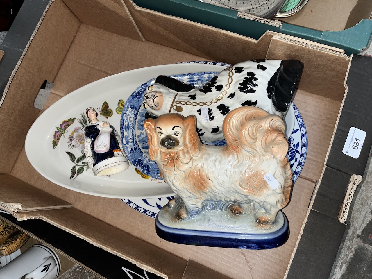 A large Portmeirion oval dish, Staffordshire dog and figurine etc