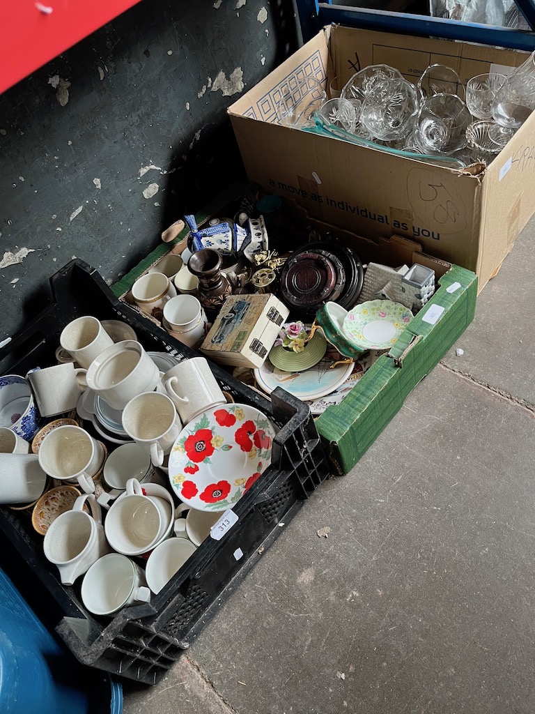 2 boxes of pottery and 1 box of glassware.