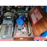 A Universe wooden tool chest, a Fina quart oil can, and various small tools, and an Addo comptometer