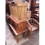 A hardwood bench/ storage box, a hardwood TV stand, two hardwood chairs and a hardwood nest of