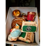 Box with five Pendelfin figures and four Carlton Ware cups and saucers