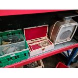 A set of vintage Avery postal scales and a box of various items including costume jewellery and