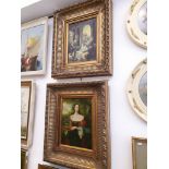 A pair of 20th century school oil on boards, period scenes, a portrait of a woman and an interior
