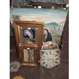 Various paintings, pictures and prints and a grandfather clock dial.