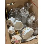 A box of cut glass and pottery including Aynsley
