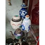 Three pieces of oriental porcelain and a hard stone, white metal and cloisonne tea pot.