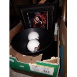 A mixed lot comprising wooden box, a black Pool pottery bowl, a signed photographic print