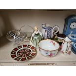 Assorted items including Royal Crown Derby 1128 Imari plate, lacquered box, chandelier drops,