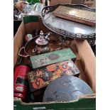 A box of metalware to include gallery tray & tins etc.