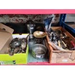 Selection of metalware to include box with platedware and related items, a wooden drawer