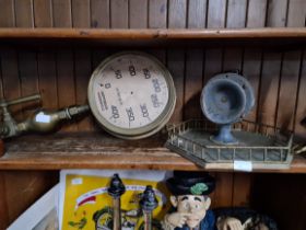 A warning claxon, a hexagonal brass galleried tray and a Hopkinson pressure gauge.