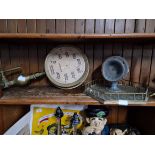 A warning claxon, a hexagonal brass galleried tray and a Hopkinson pressure gauge.