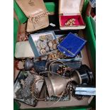 A box of misc collectables to include coins, costume jewellery, EPNS ware, etc.