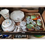 A box of pottery comprising a Chinese coffee set and various items of Wedgwood 'Kutani Crane'