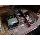 A set of post office scales with weights, a boxed set of photographic scale sand a vintage copper