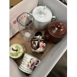 A box of china and porcelain including a Royal Worcester oven to table pot, a vintage lidded pot,